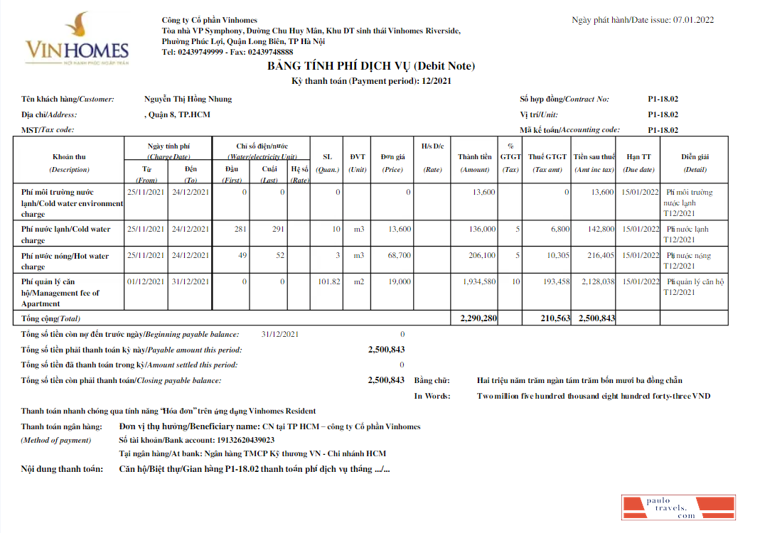 VIETNAM VINHOMES utility bill Word and PDF template